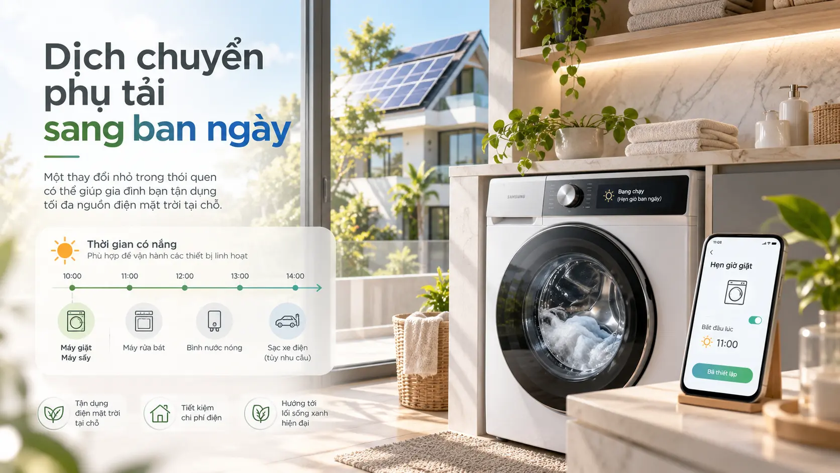 Máy giặt hoạt động vào ban ngày để tận dụng điện mặt trời